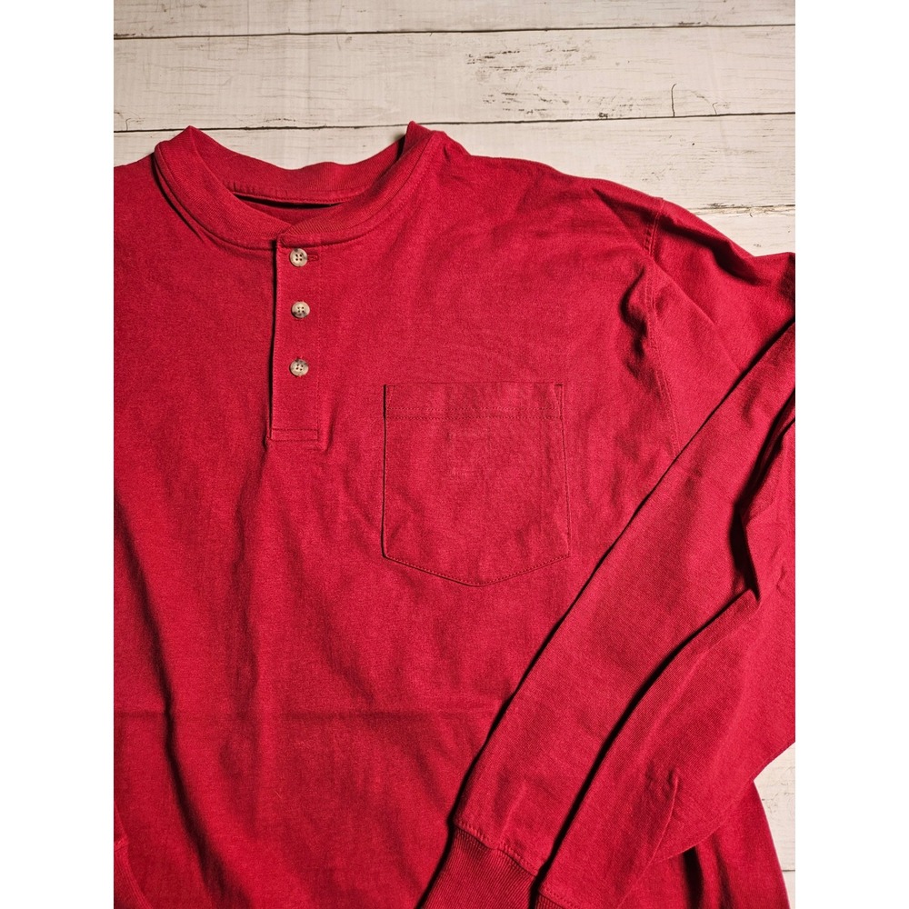 Carhartt K128 Mens L Red Henley Long Sleeve Pocket T Shirt Cotton